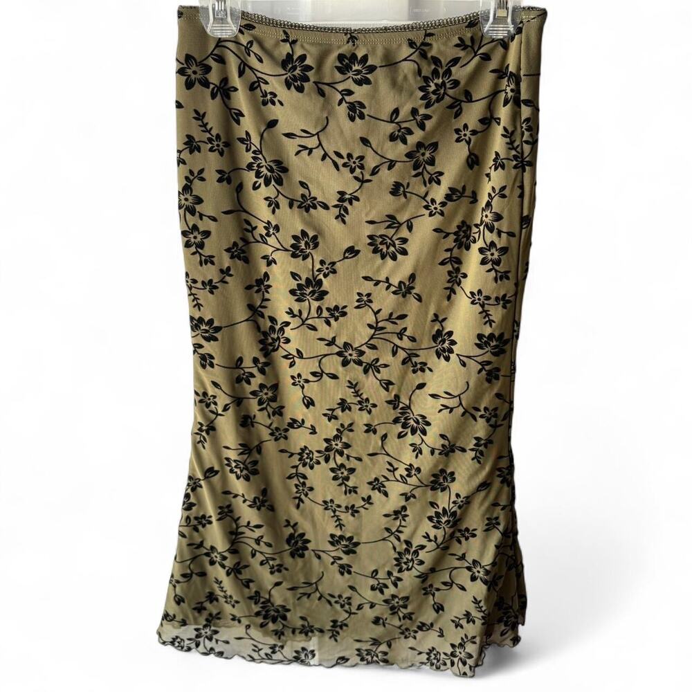 Floral Midi Skirt Size S Green Black Lace Scallop Hem Tight Fit Lined